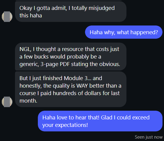 Message from a student saying the quality beat a course they paid hundreds for.